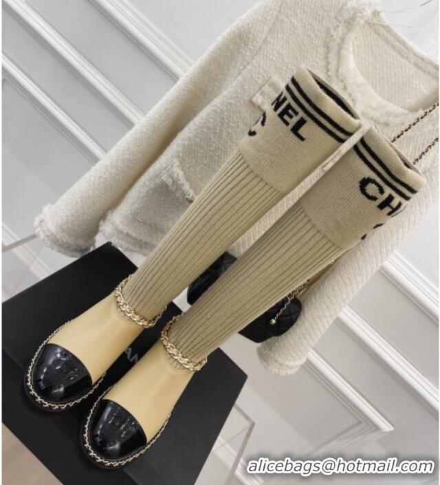 Hot Style Chanel Knit and Leather High Boots with Chain Beige 101247