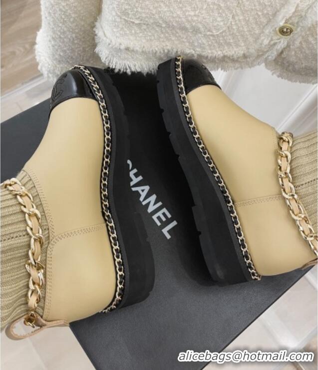 Hot Style Chanel Knit and Leather High Boots with Chain Beige 101247