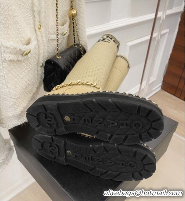 Hot Style Chanel Knit and Leather High Boots with Chain Beige 101247