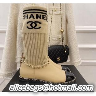 Low Cost Chanel Knit and Leather Half Boots with Chain Beige 101248