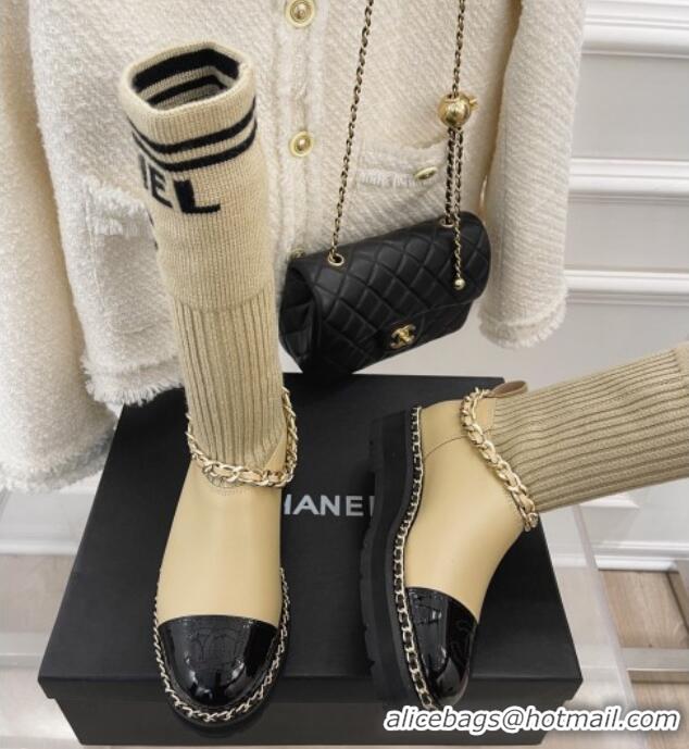 Low Cost Chanel Knit and Leather Half Boots with Chain Beige 101248