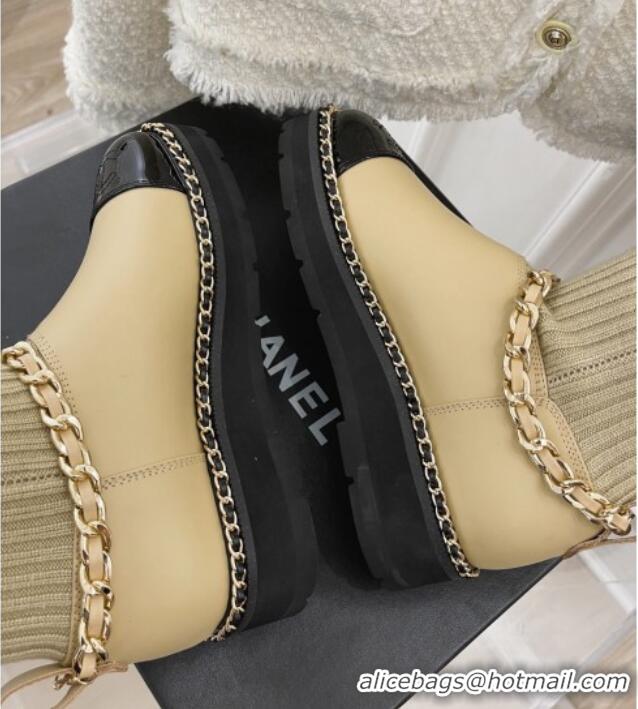 Low Cost Chanel Knit and Leather Half Boots with Chain Beige 101248