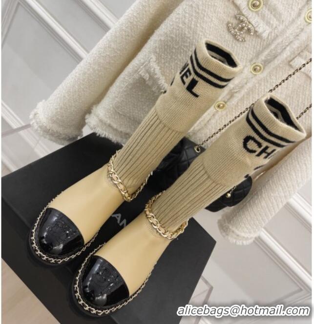 Low Cost Chanel Knit and Leather Half Boots with Chain Beige 101248