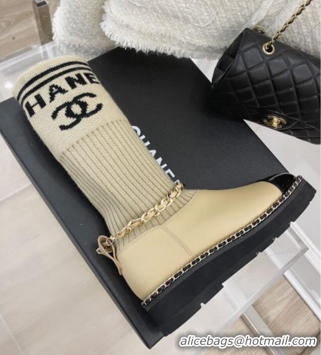 Low Cost Chanel Knit and Leather Half Boots with Chain Beige 101248