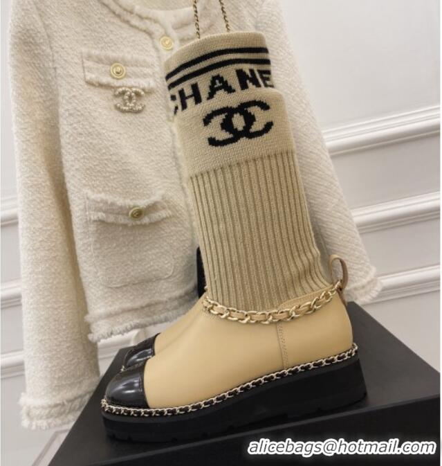 Low Cost Chanel Knit and Leather Half Boots with Chain Beige 101248