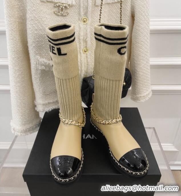 Low Cost Chanel Knit and Leather Half Boots with Chain Beige 101248