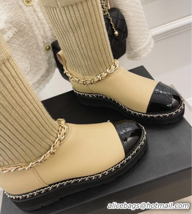 Low Cost Chanel Knit and Leather Half Boots with Chain Beige 101248