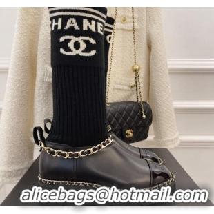 Stylish Chanel Knit and Leather Half Boots with Chain Black 101249