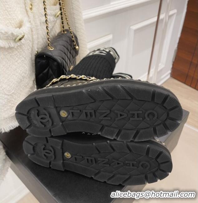 Stylish Chanel Knit and Leather Half Boots with Chain Black 101249