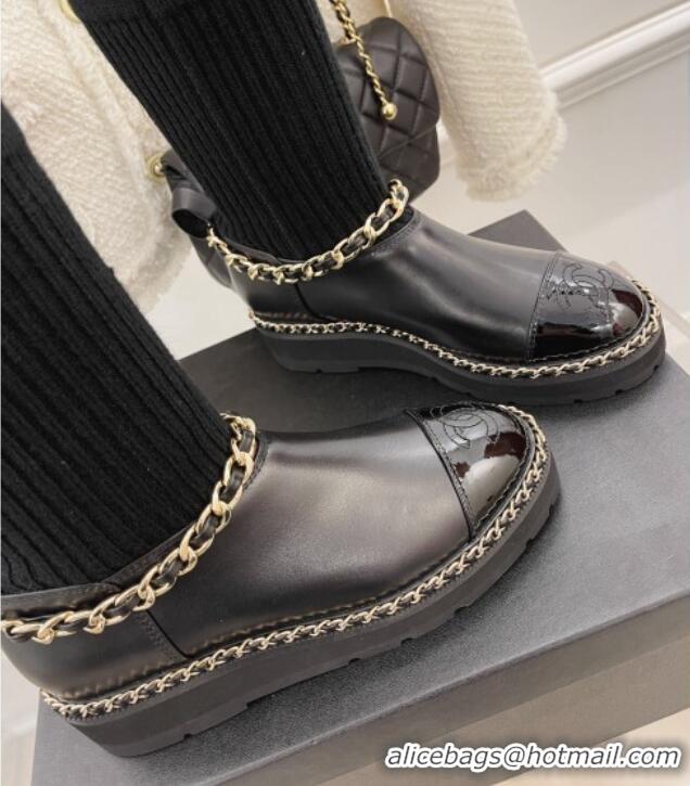 Stylish Chanel Knit and Leather Half Boots with Chain Black 101249