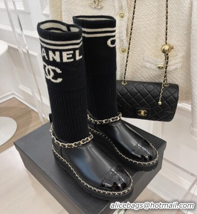 Stylish Chanel Knit and Leather Half Boots with Chain Black 101249