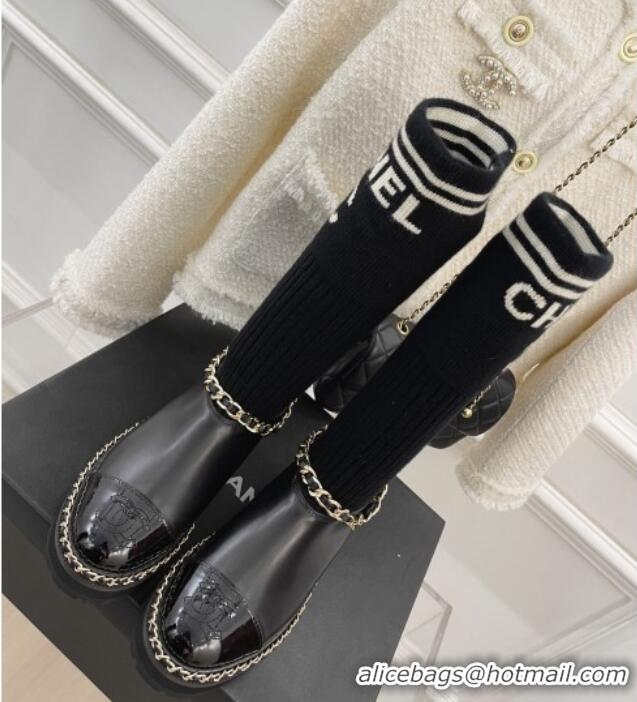 Stylish Chanel Knit and Leather Half Boots with Chain Black 101249