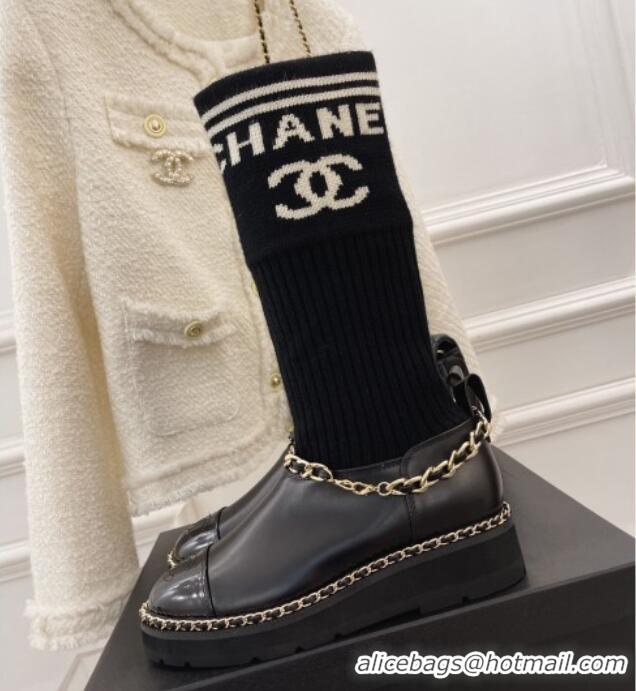 Stylish Chanel Knit and Leather Half Boots with Chain Black 101249