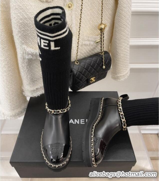 Stylish Chanel Knit and Leather Half Boots with Chain Black 101249