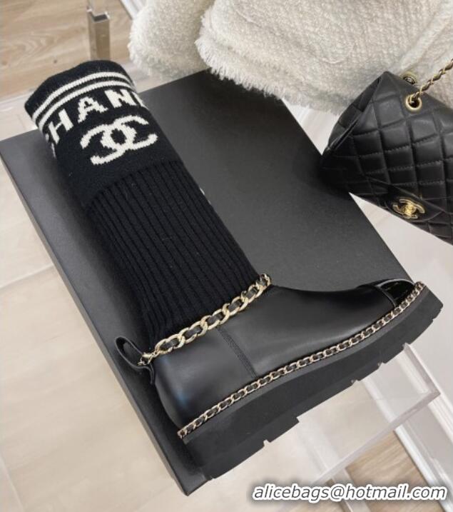 Stylish Chanel Knit and Leather Half Boots with Chain Black 101249