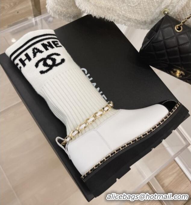 Most Popular Chanel Knit and Leather Half Boots with Chain White 101250