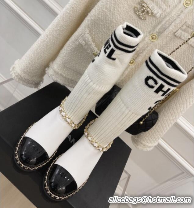 Most Popular Chanel Knit and Leather Half Boots with Chain White 101250