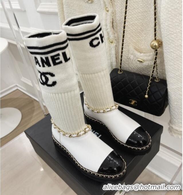 Most Popular Chanel Knit and Leather Half Boots with Chain White 101250