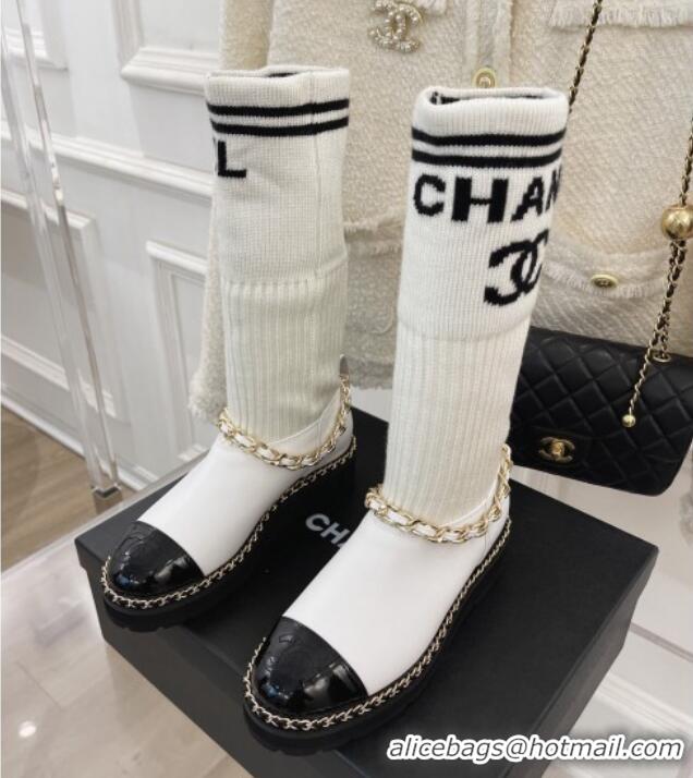 Most Popular Chanel Knit and Leather Half Boots with Chain White 101250