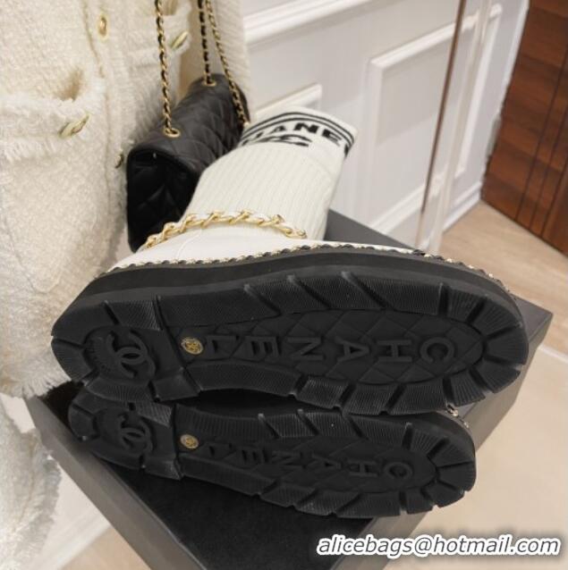 Most Popular Chanel Knit and Leather Half Boots with Chain White 101250