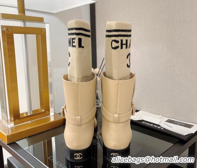 Duplicate Chanel Calfskin and Knit Ankle Boots 3/7cm Beige 101251