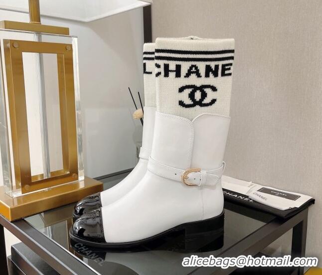 Good Looking Chanel Calfskin and Knit Ankle Boots 3/7cm White 101253