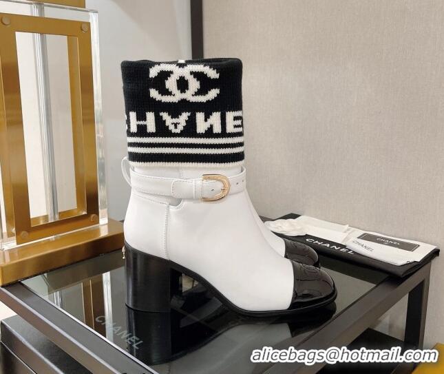 Good Looking Chanel Calfskin and Knit Ankle Boots 3/7cm White 101253