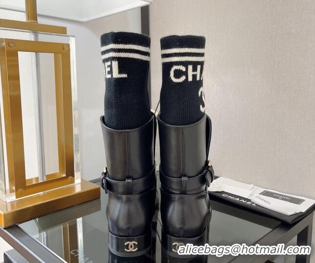 Hot Sale Chanel Calfskin and Knit Ankle Boots 37cm Black 101254