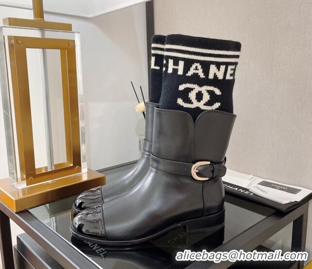 Hot Sale Chanel Calfskin and Knit Ankle Boots 37cm Black 101254