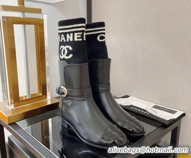 Hot Sale Chanel Calfskin and Knit Ankle Boots 37cm Black 101254