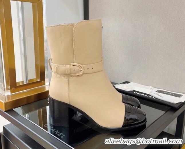 Grade Chanel Calfskin Ankle Boots with U Buckle 7cm Beige 101255