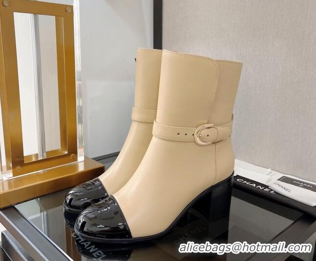 Grade Chanel Calfskin Ankle Boots with U Buckle 7cm Beige 101255