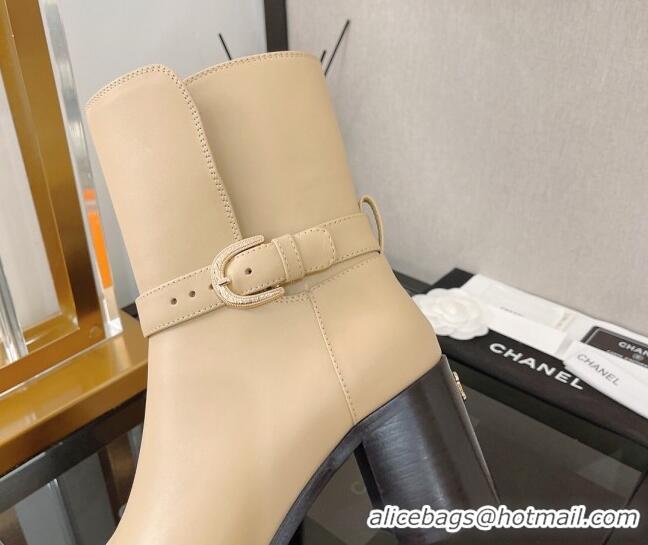 Grade Chanel Calfskin Ankle Boots with U Buckle 7cm Beige 101255