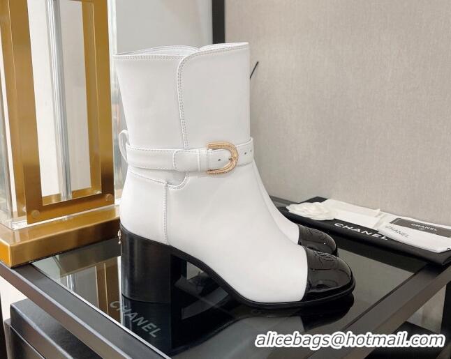 Pretty Style Chanel Calfskin Ankle Boots with U Buckle 7cm White 101256