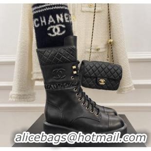 Luxury Chanel Calfskin and Knit Lace-up Ankle Boots G39506 Black