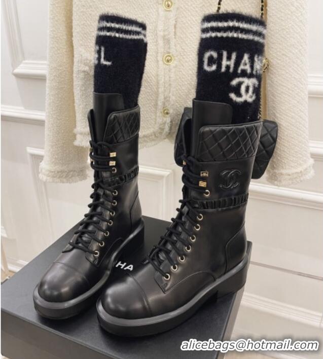 Luxury Chanel Calfskin and Knit Lace-up Ankle Boots G39506 Black