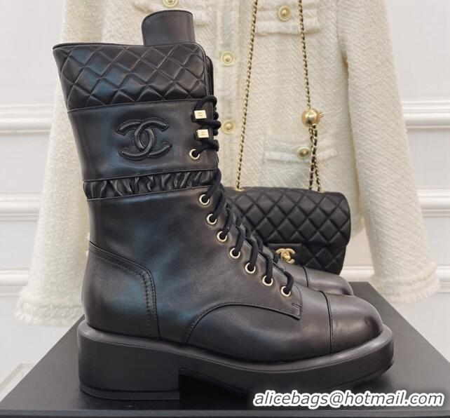 Luxury Chanel Calfskin and Knit Lace-up Ankle Boots G39506 Black