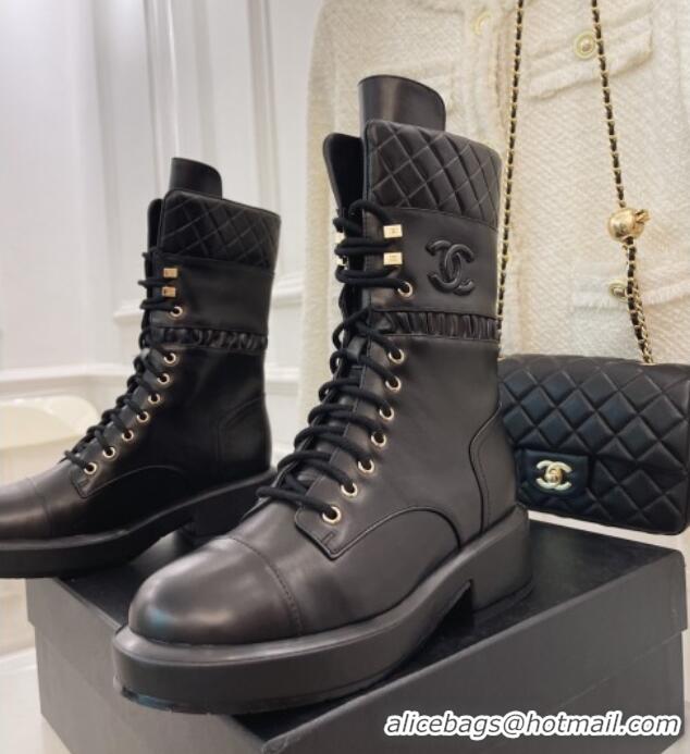 Luxury Chanel Calfskin and Knit Lace-up Ankle Boots G39506 Black