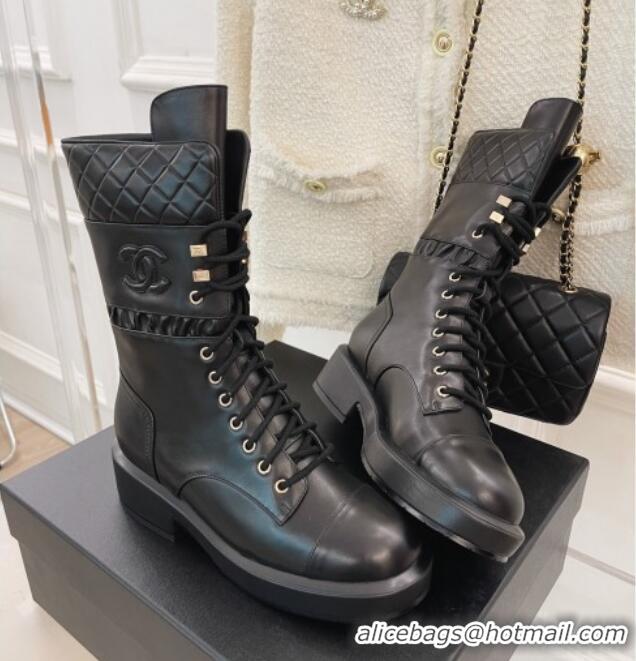 Luxury Chanel Calfskin and Knit Lace-up Ankle Boots G39506 Black