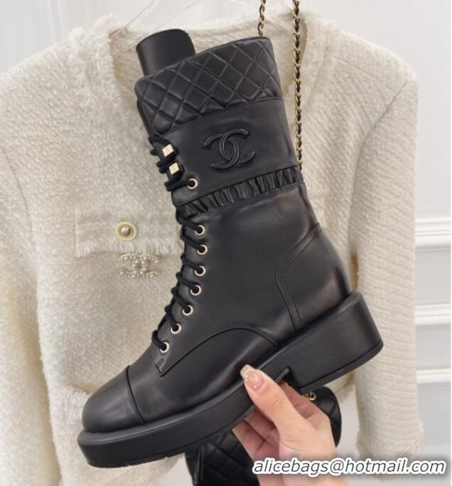 Luxury Chanel Calfskin and Knit Lace-up Ankle Boots G39506 Black