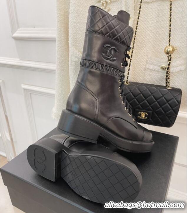 Luxury Chanel Calfskin and Knit Lace-up Ankle Boots G39506 Black