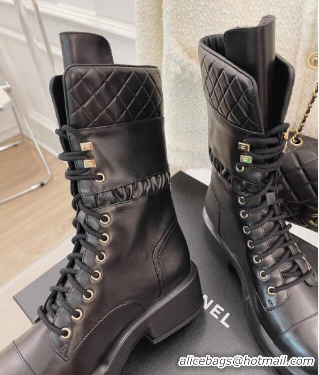 Luxury Chanel Calfskin and Knit Lace-up Ankle Boots G39506 Black