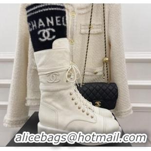 Durable Chanel Horse Fur and Knit Lace-up Ankle Boots G39506 White