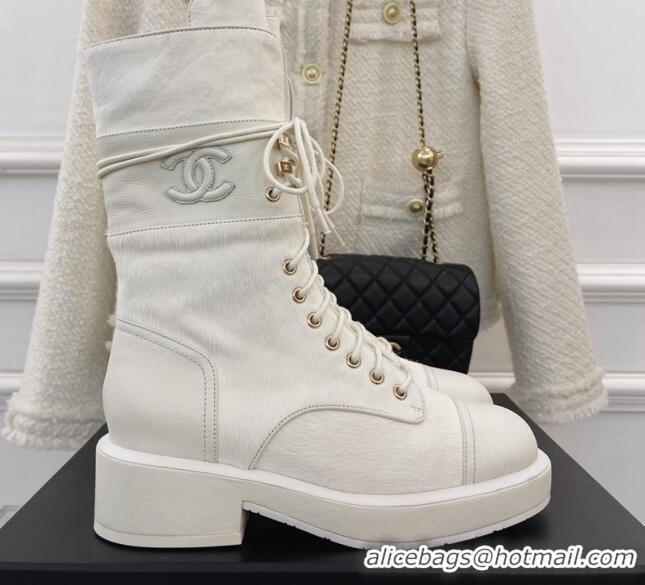 Durable Chanel Horse Fur and Knit Lace-up Ankle Boots G39506 White