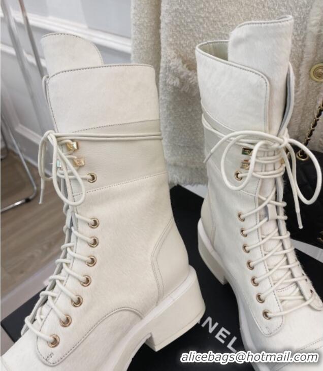 Durable Chanel Horse Fur and Knit Lace-up Ankle Boots G39506 White