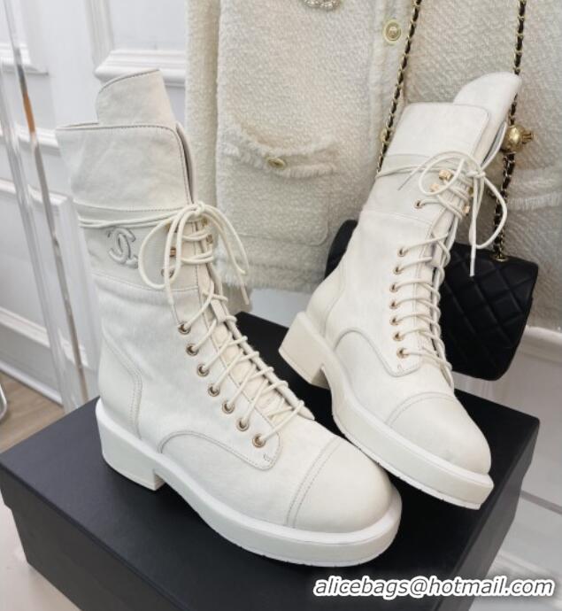 Durable Chanel Horse Fur and Knit Lace-up Ankle Boots G39506 White