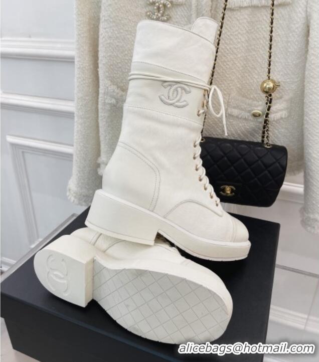 Durable Chanel Horse Fur and Knit Lace-up Ankle Boots G39506 White