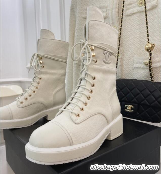 Durable Chanel Horse Fur and Knit Lace-up Ankle Boots G39506 White