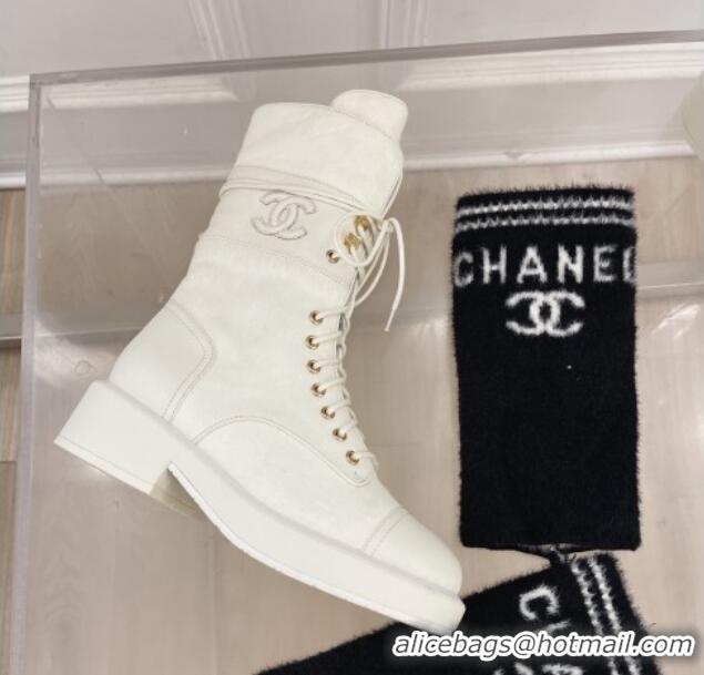 Durable Chanel Horse Fur and Knit Lace-up Ankle Boots G39506 White