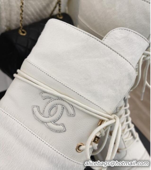 Durable Chanel Horse Fur and Knit Lace-up Ankle Boots G39506 White